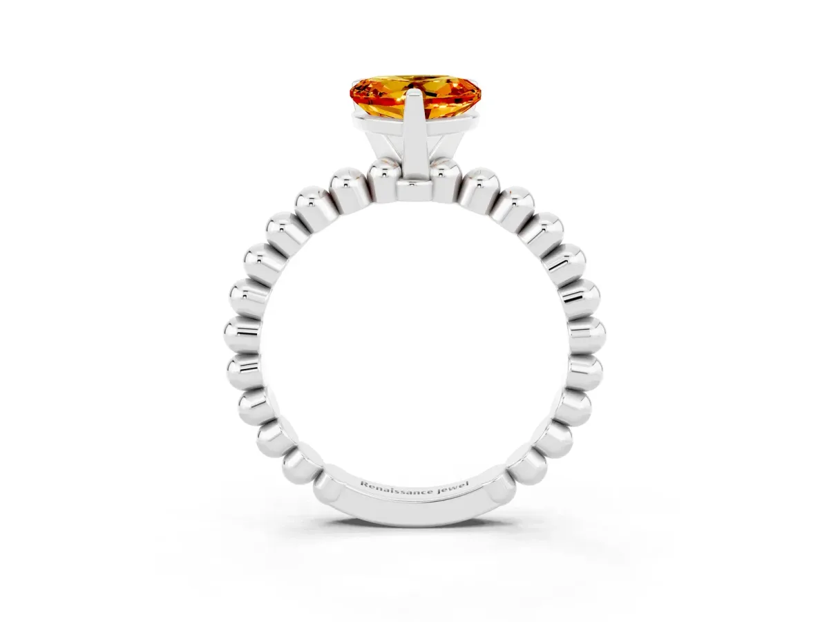 Heart Cut Citrine Solitaire Ring with Beaded Band and Prong Setting Silver