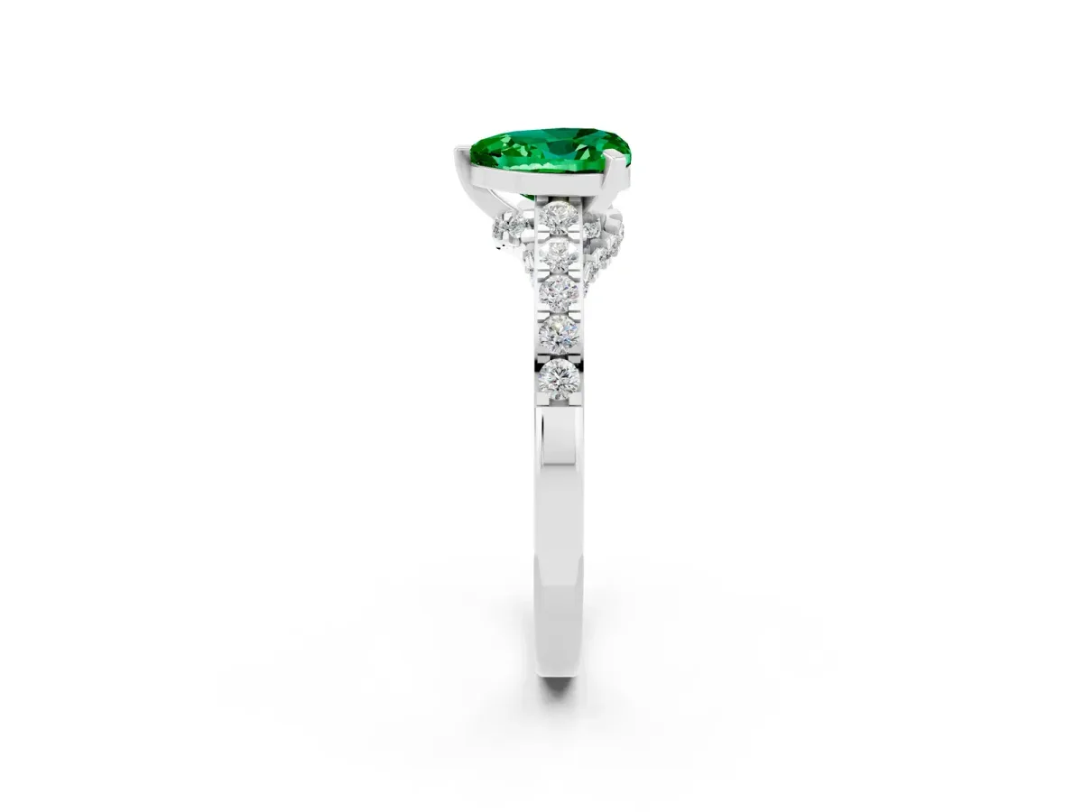 Heart Cut Emerald Solitaire Ring with Crossover Gallery and Round Pavé Band Silver
