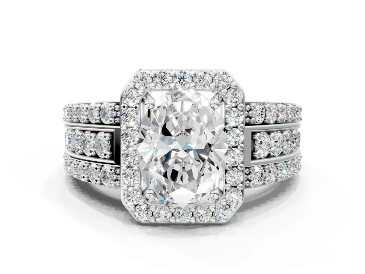 Oval Cut Halo Diamond Ring with Round Moissanite Split Shank and Prong Setting Silver