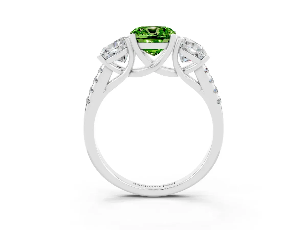 Three-Stone Cushion Cut Peridot Ring with Round Pavé Band and Prong Setting Silver