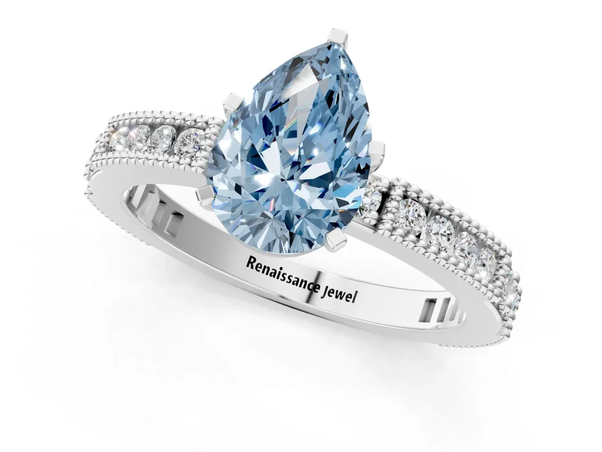 Fancy Blue Pear Cut Solitaire with Pavé Band and Four-Prong Setting White gold