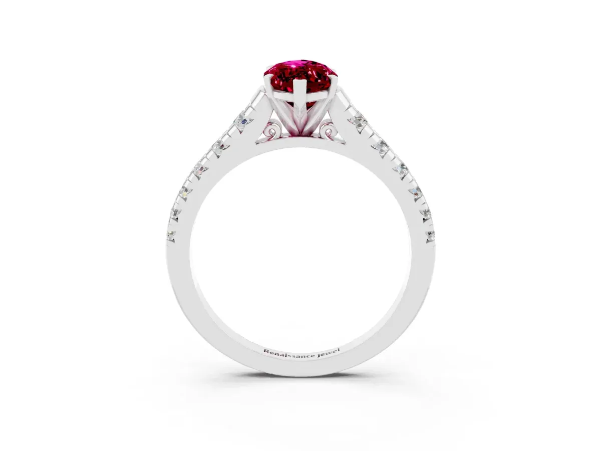 Marquise Cut Garnet Cathedral Solitaire Ring with Round Pavé Band Silver