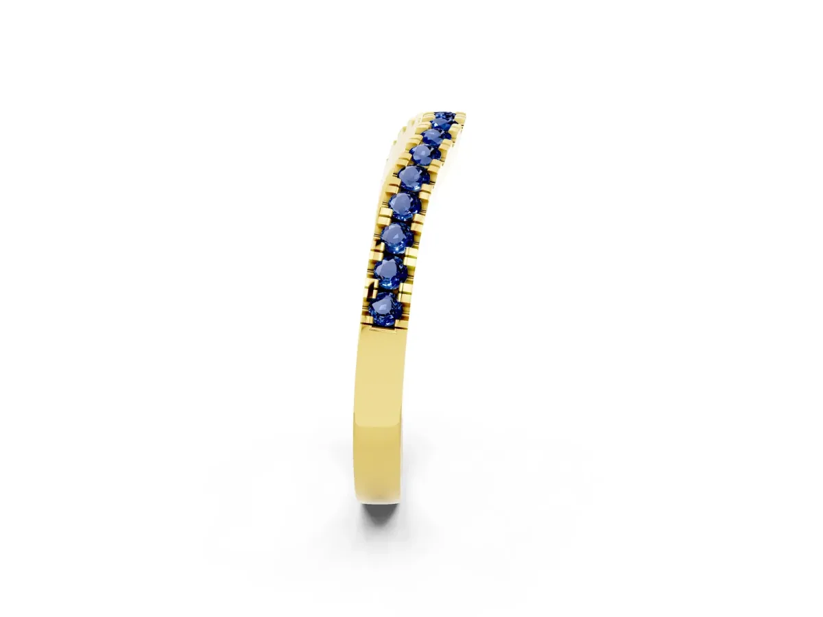 Round Blue Sapphire Pavé Curved Band with Shared Prong Setting Yellow gold