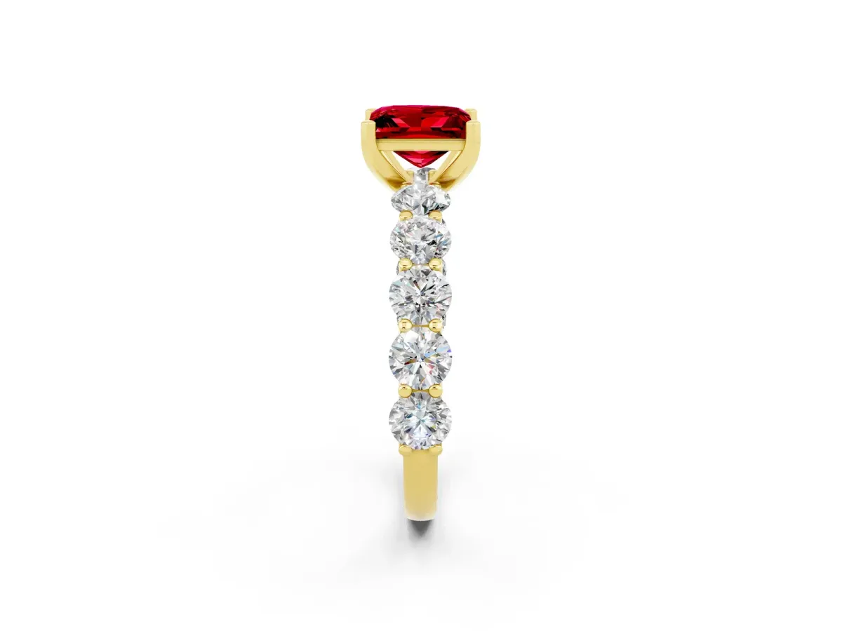 Princess Cut Ruby Prong Setting with Side Stones on a Pave Band Yellow gold