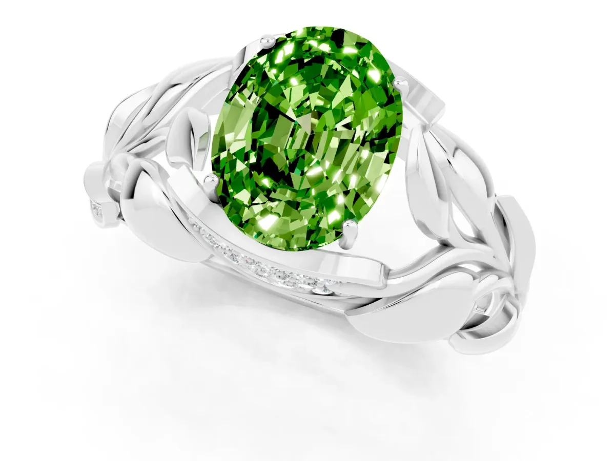 Oval Cut Peridot Leaf-Inspired Engagement Ring with Round Accents and Prong Setting Platinum