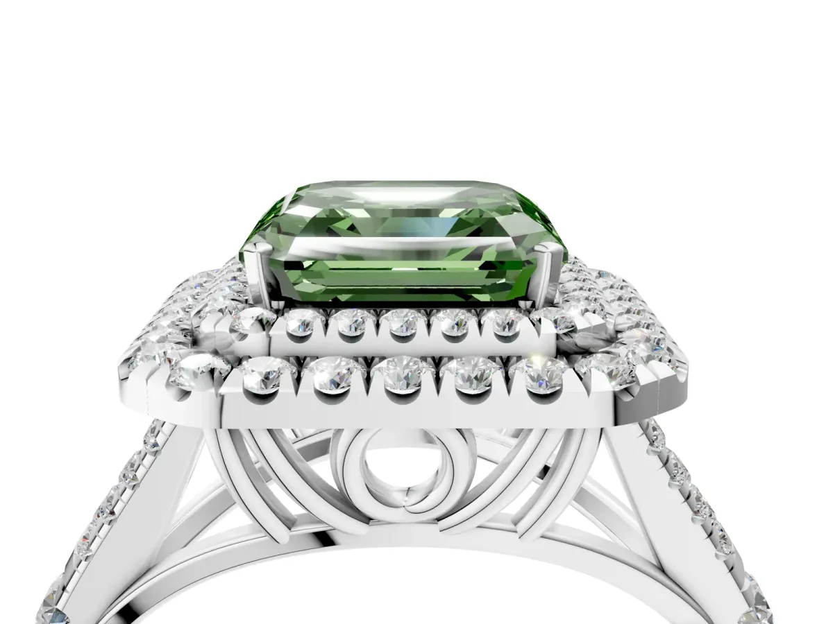 Fancy Green Asscher Cut Cut Double Halo Split Shank Diamond Ring with Prong Setting Platinum