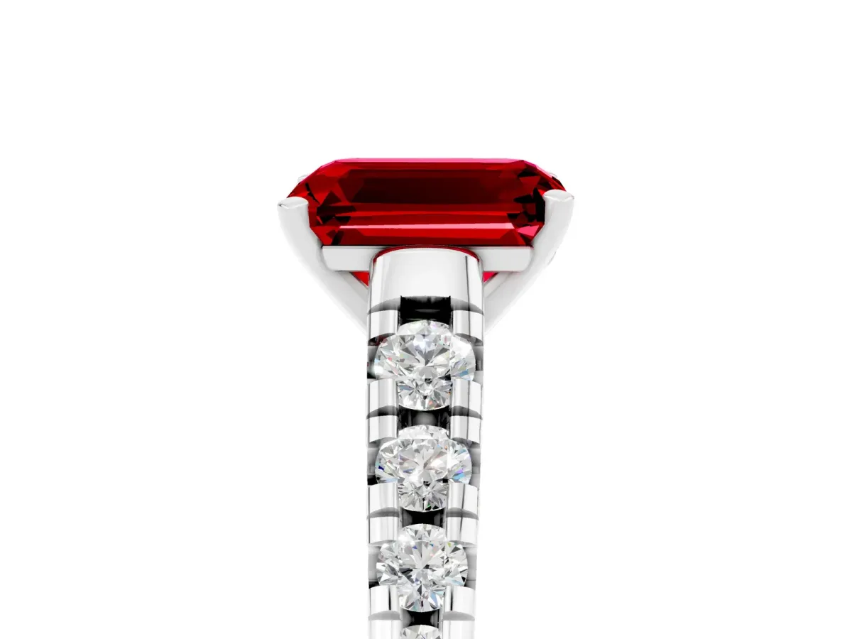 Emerald Cut Ruby Cathedral Solitaire Ring with Round Pavé Band Silver
