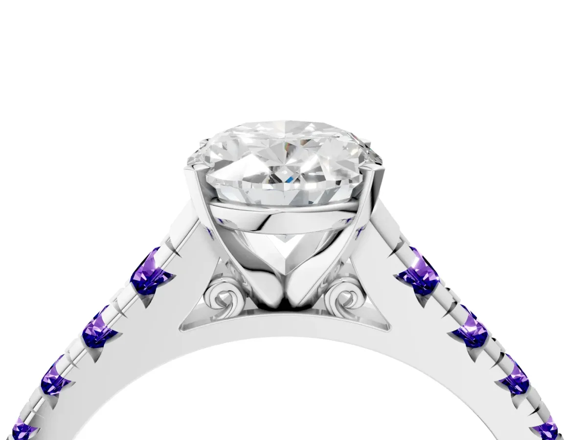 Oval Cut Diamond Cathedral Solitaire Ring with Round Tanzanite Pavé Band Silver