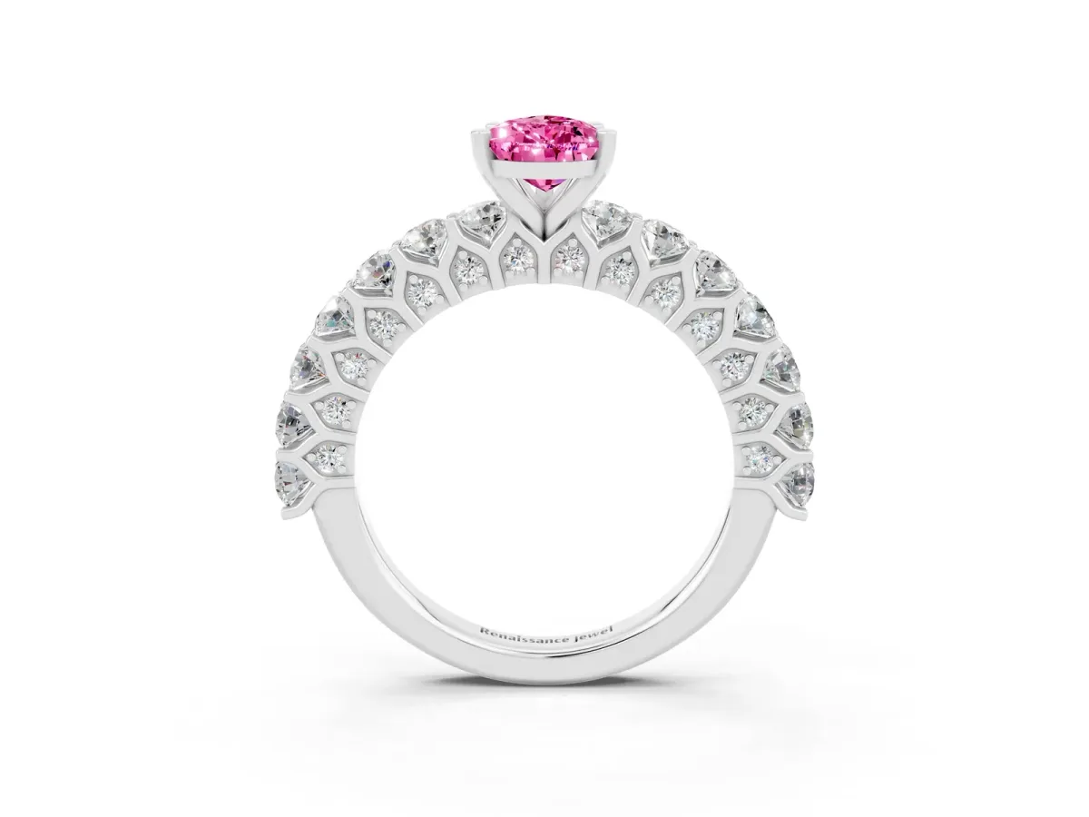 Pear Cut Pink Sapphire Solitaire Ring with Shared Prong Pavé Band and Four-Prong Setting Silver