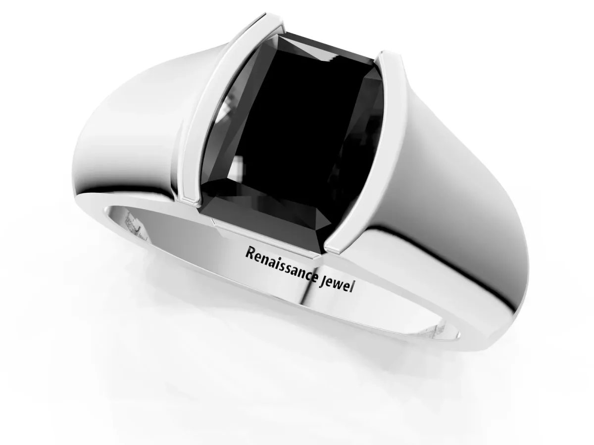 Fancy Black Radiant Cut Solitaire Bezel Set Diamond Ring with Wide Band Platinum