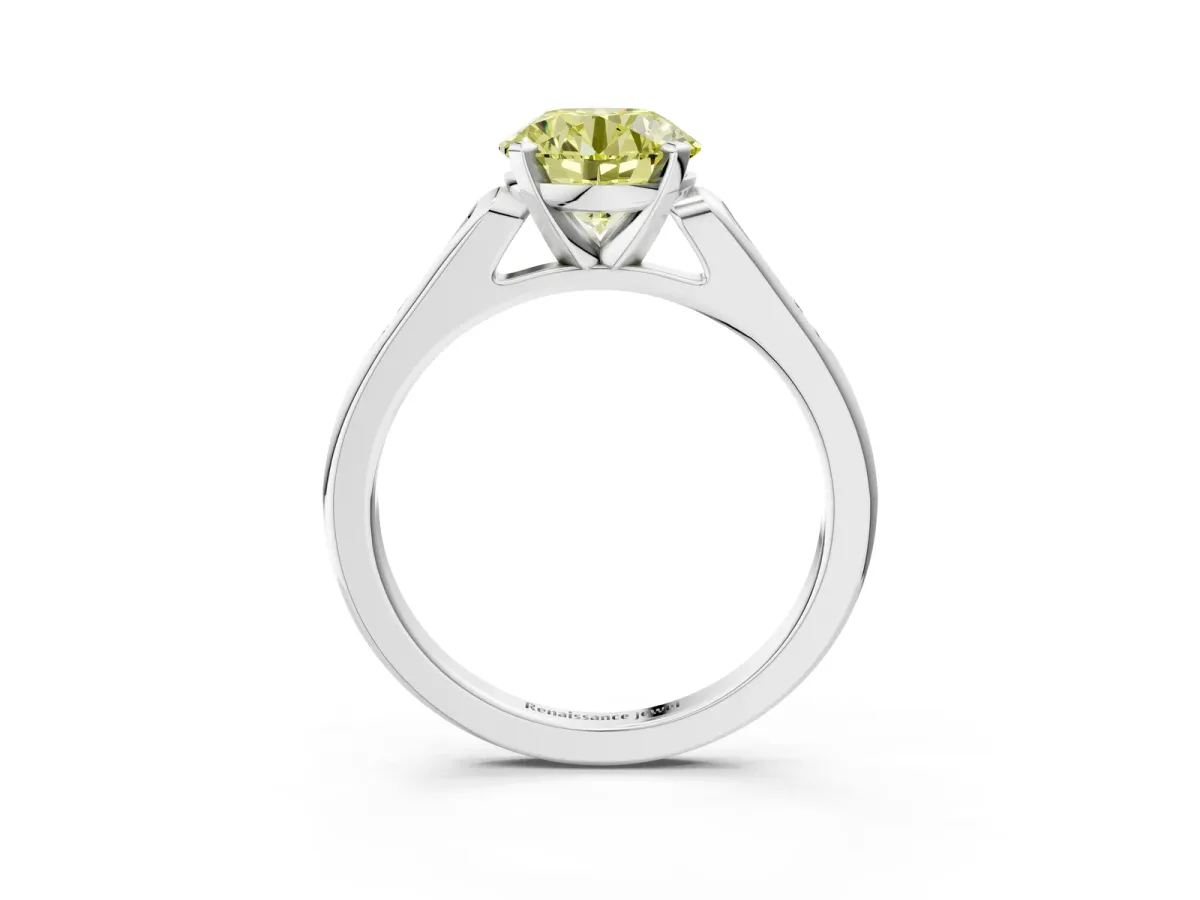 Fancy Yellow Round Cut Diamond Solitaire Ring with Channel Set Round Band and Prong Setting Silver