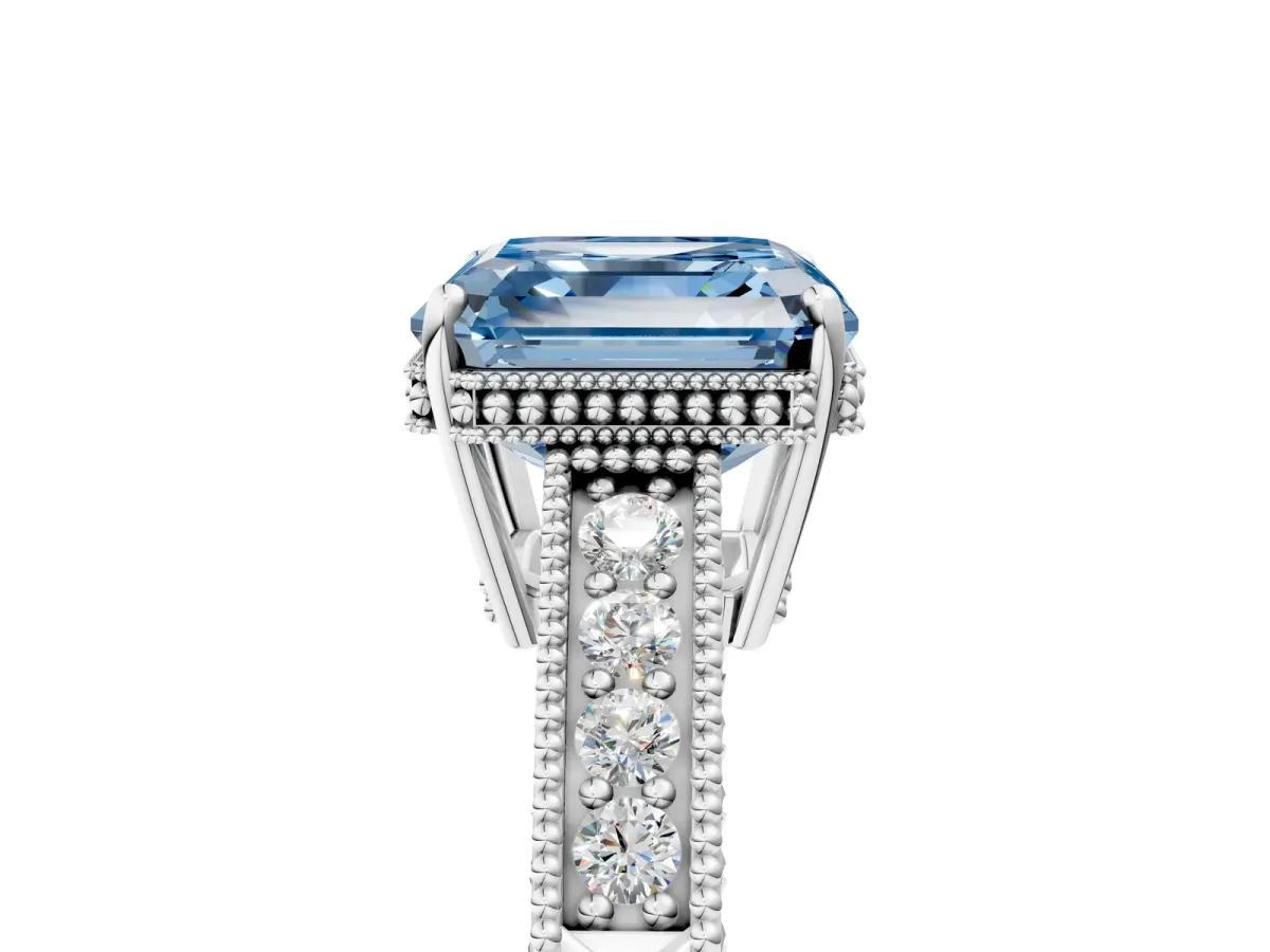 Fancy Blue Asscher Cut Cut Diamond Milgrain Pave Band Four-Prong Setting Ring Platinum
