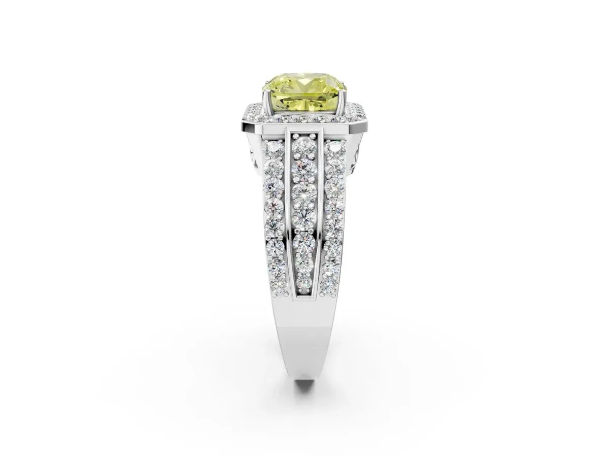 Fancy Yellow Cushion Cut Halo Diamond Ring with Round Split Shank and Prong Setting Platinum
