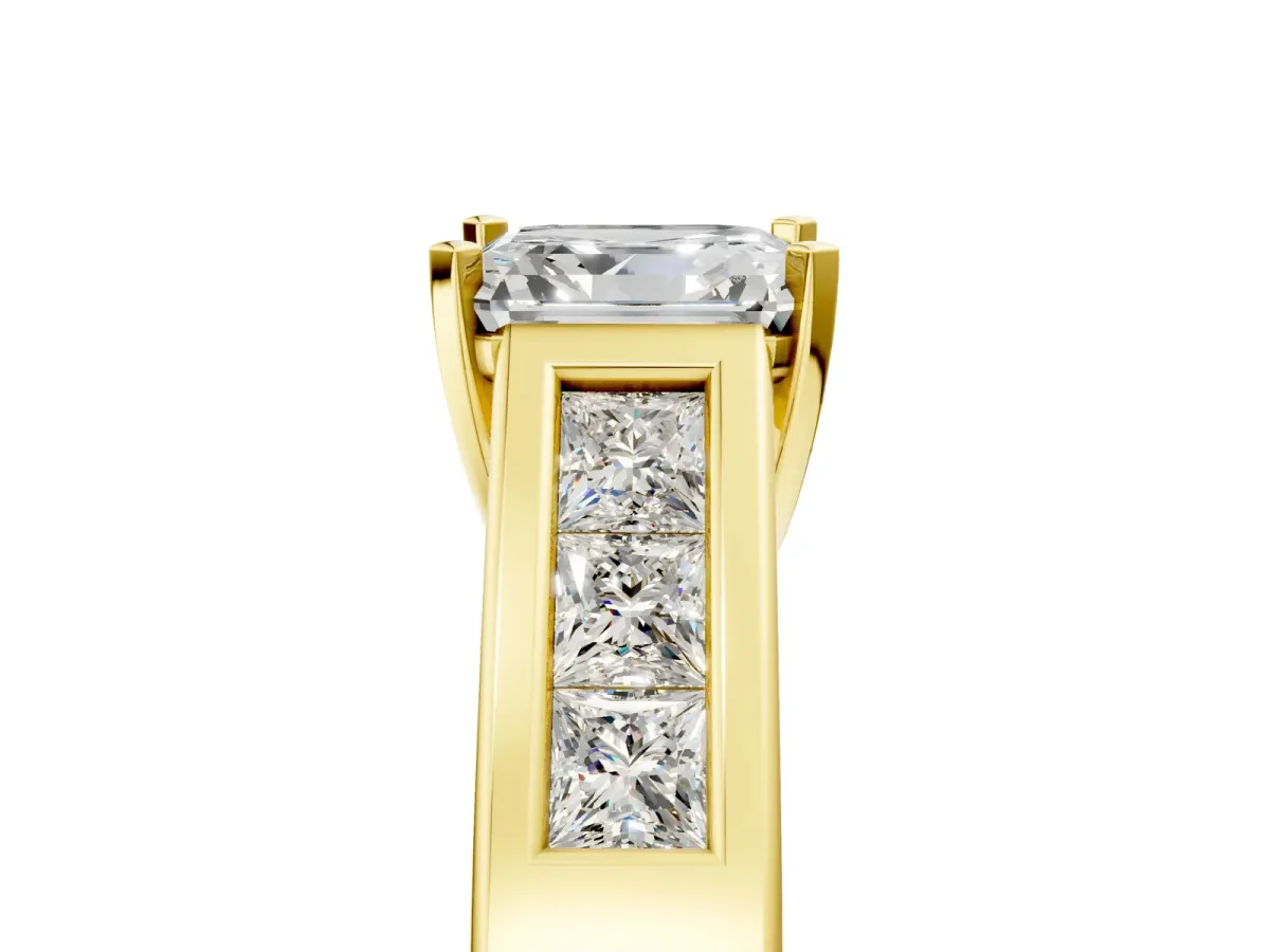 Asscher Cut Cut Channel Set Solitaire Ring with Four-Prong Setting Yellow gold