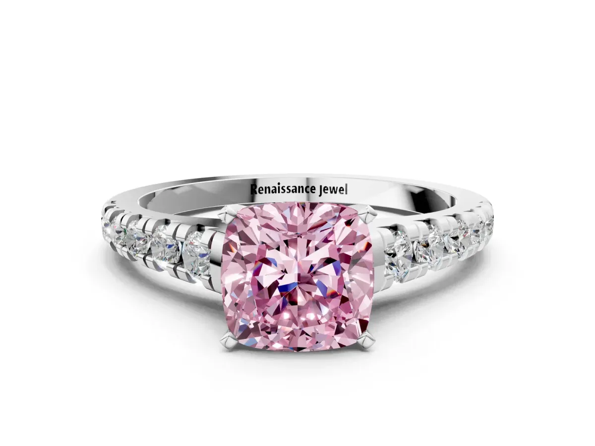 Fancy Pink Cushion Cut Diamond Cathedral Solitaire Ring with Round Pavé Band Silver