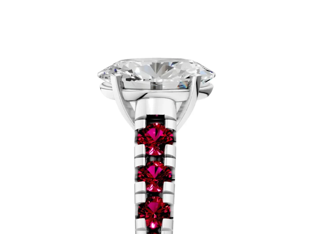 Oval Cut Diamond Cathedral Solitaire Ring with Round Garnet Pavé Band Silver