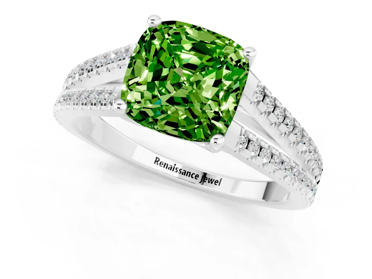 Cushion Cut Peridot Solitaire Engagement Ring with Split Shank Pavé Band Silver