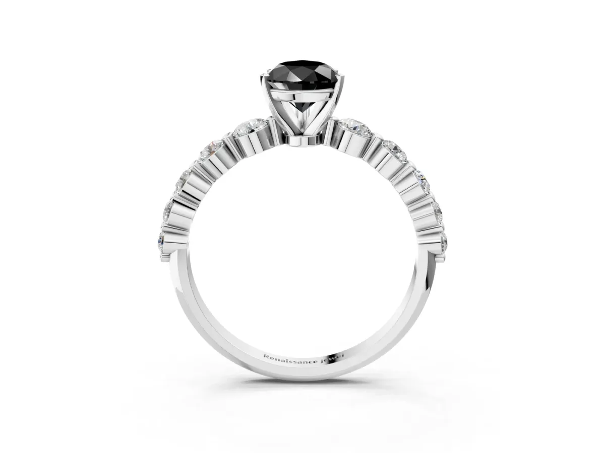 Fancy Black Pear Cut Solitaire Diamond Ring with Pave Band and Four-Prong Setting Silver