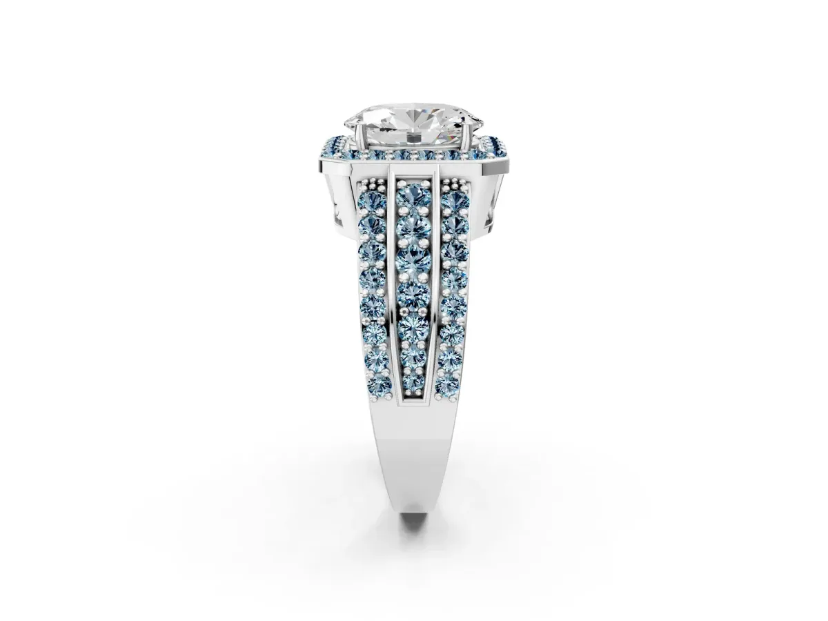 Oval Cut Halo Diamond Ring with Round Aquamarine Split Shank and Prong Setting Silver