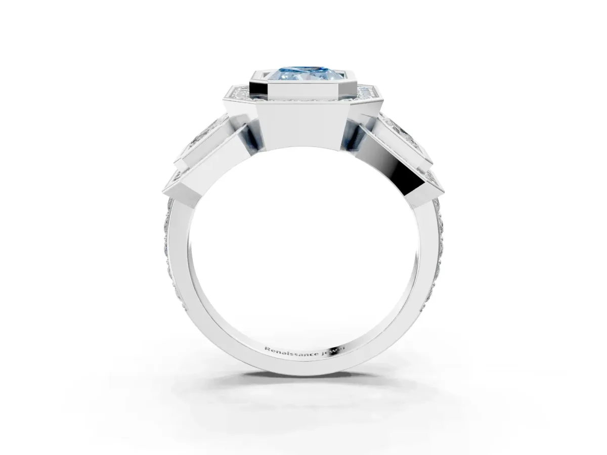 Fancy Blue Three-Stone Radiant Cut Halo Pavé Diamond Ring Platinum