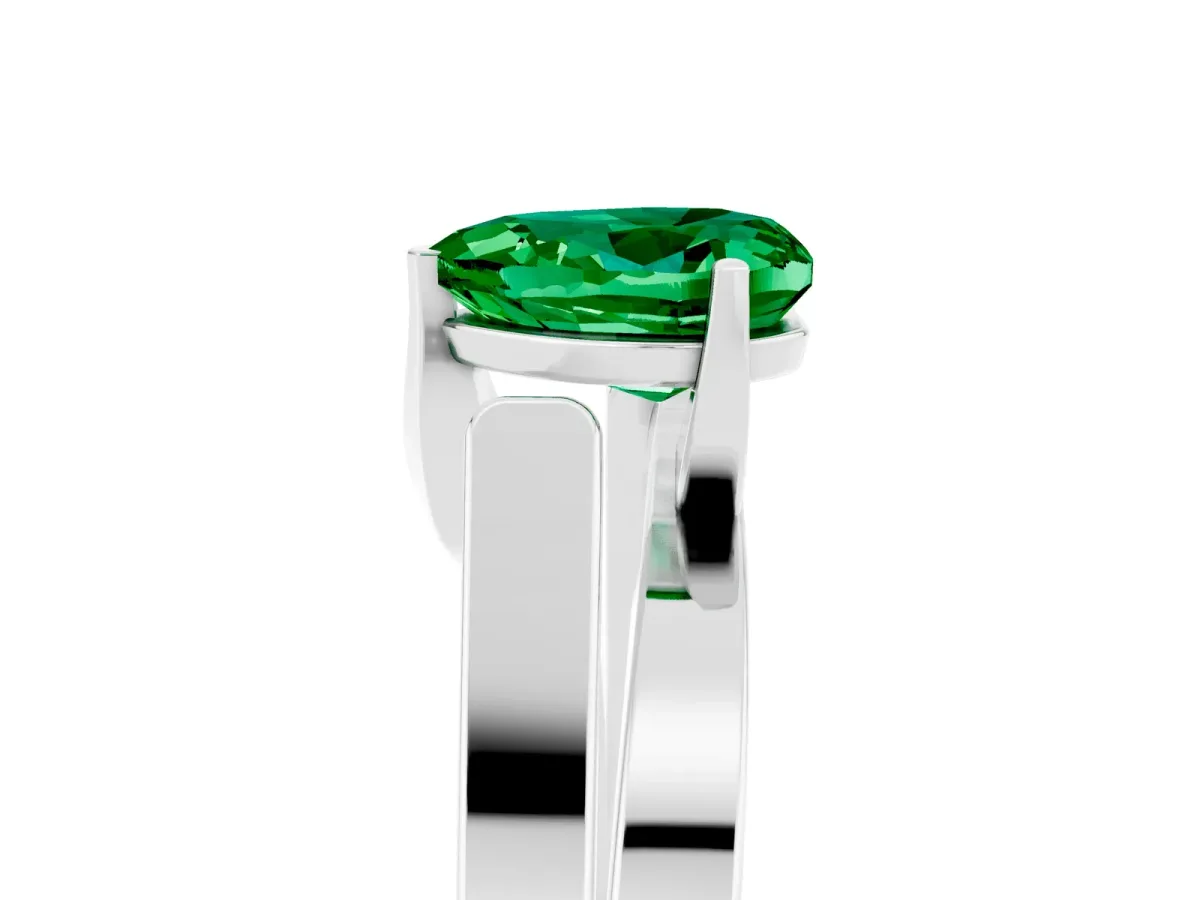 Modern Tension Set Heart Cut Emerald Solitaire Wide Band Ring Silver