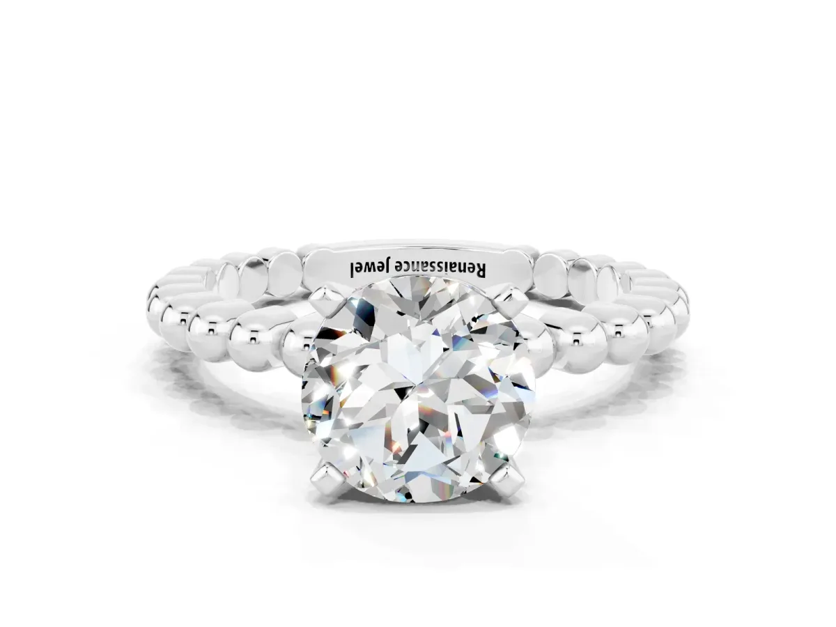 Round Cut Moissanite Solitaire Ring with Beaded Band and Prong Setting Platinum