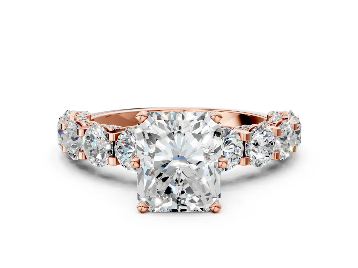 Radiant Cut Diamond Side Stone Engagement Ring with Four-Prong Setting Rose gold