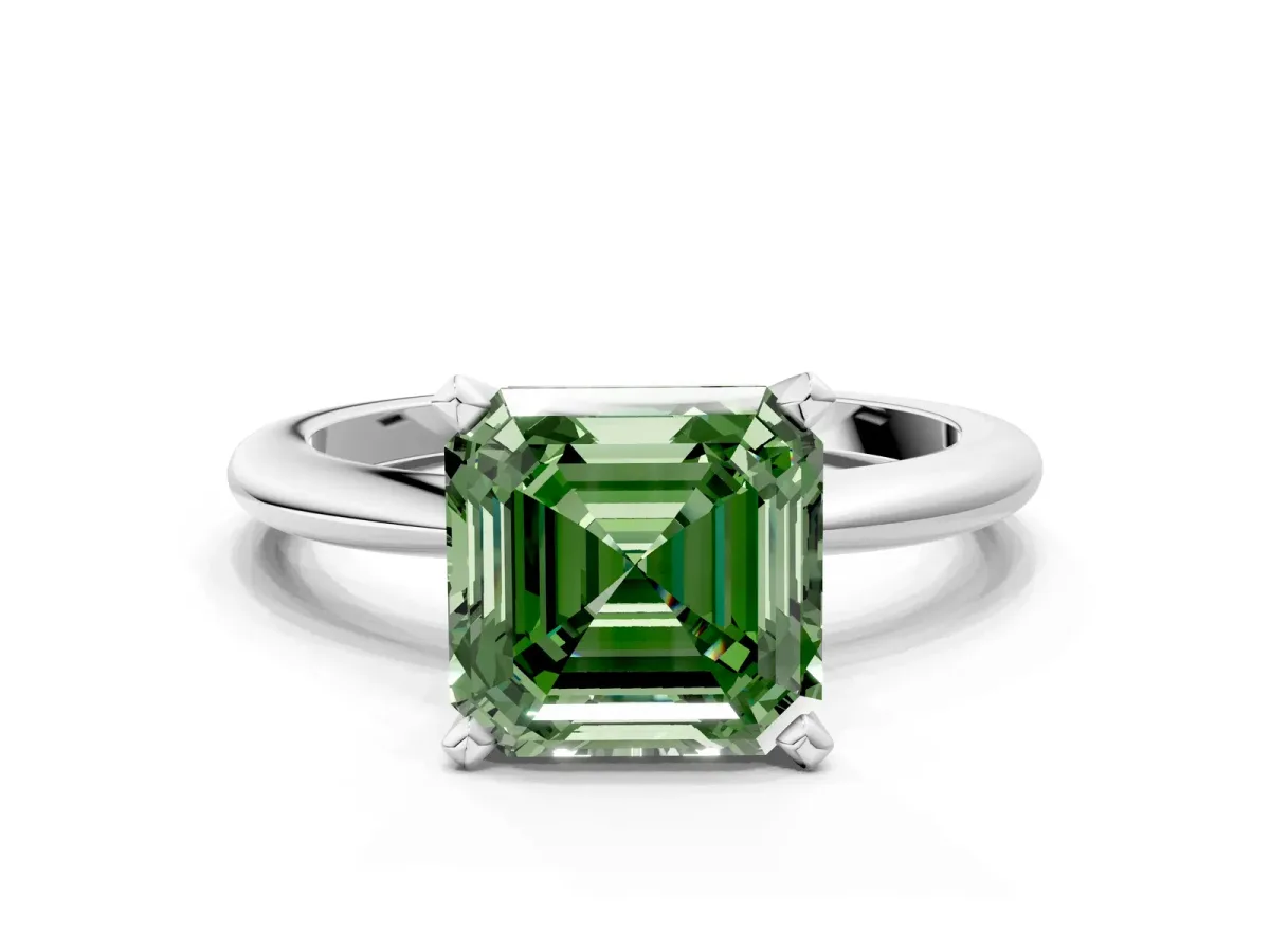 Fancy Green Asscher Cut Diamond Solitaire Ring with Six-Prong Setting and Classic Band Silver