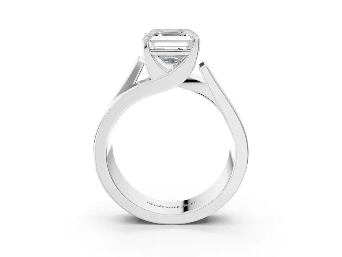 Modern Tension Set Asscher Cut Diamond Solitaire Wide Band Ring Silver