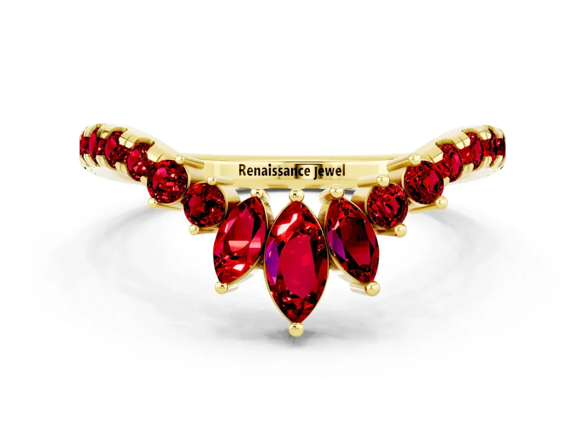 Chevron Marquise and Round Ruby Open Band with Prong Setting Yellow gold