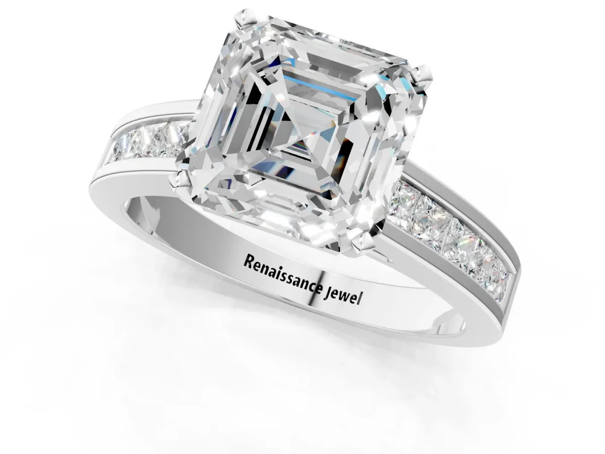 Asscher Cut Solitaire Diamond Ring with Channel-Set Band and Four-Prong Setting Platinum