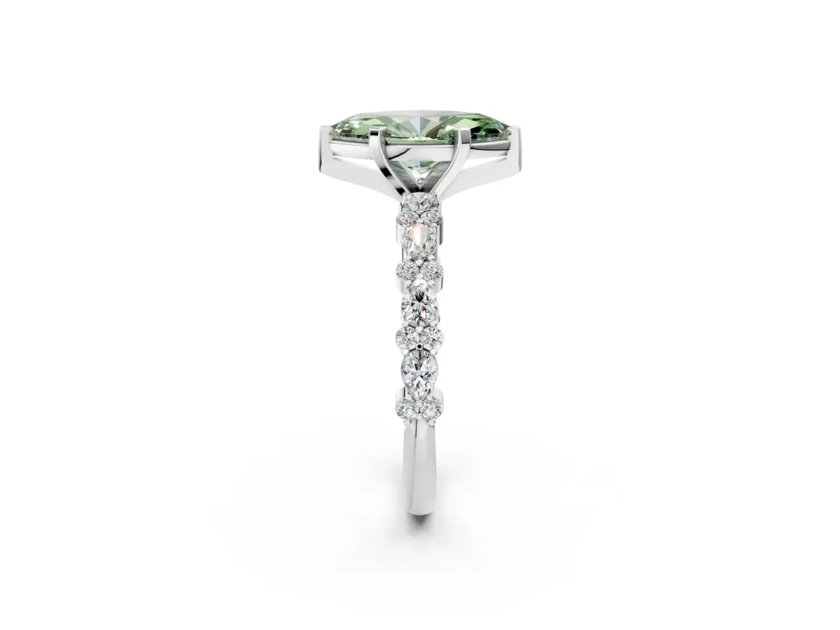 Fancy Green Marquise Cut Diamond Side Stone Solitaire Ring with Round and Four-Prong Setting Platinum