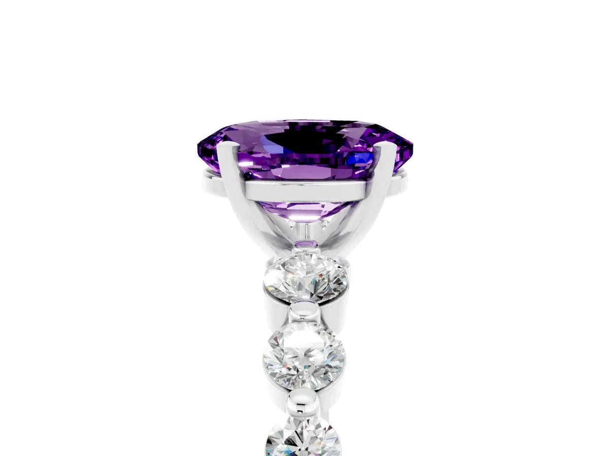 Oval Cut Solitaire Amethyst Ring with Pave Band and Four-Prong Setting Platinum