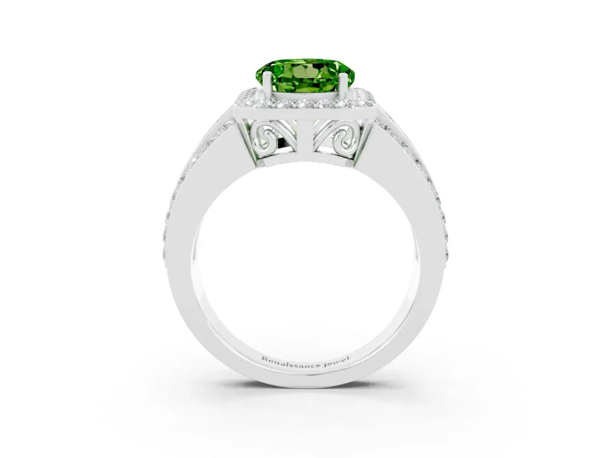 Round Cut Halo Peridot Ring with Round Split Shank and Prong Setting White gold