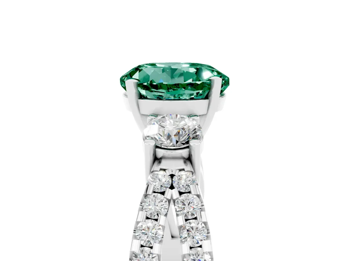 Round Cut Green Sapphire Three-Stone Ring with Pavé Split Shank and Four-Prong Setting Silver