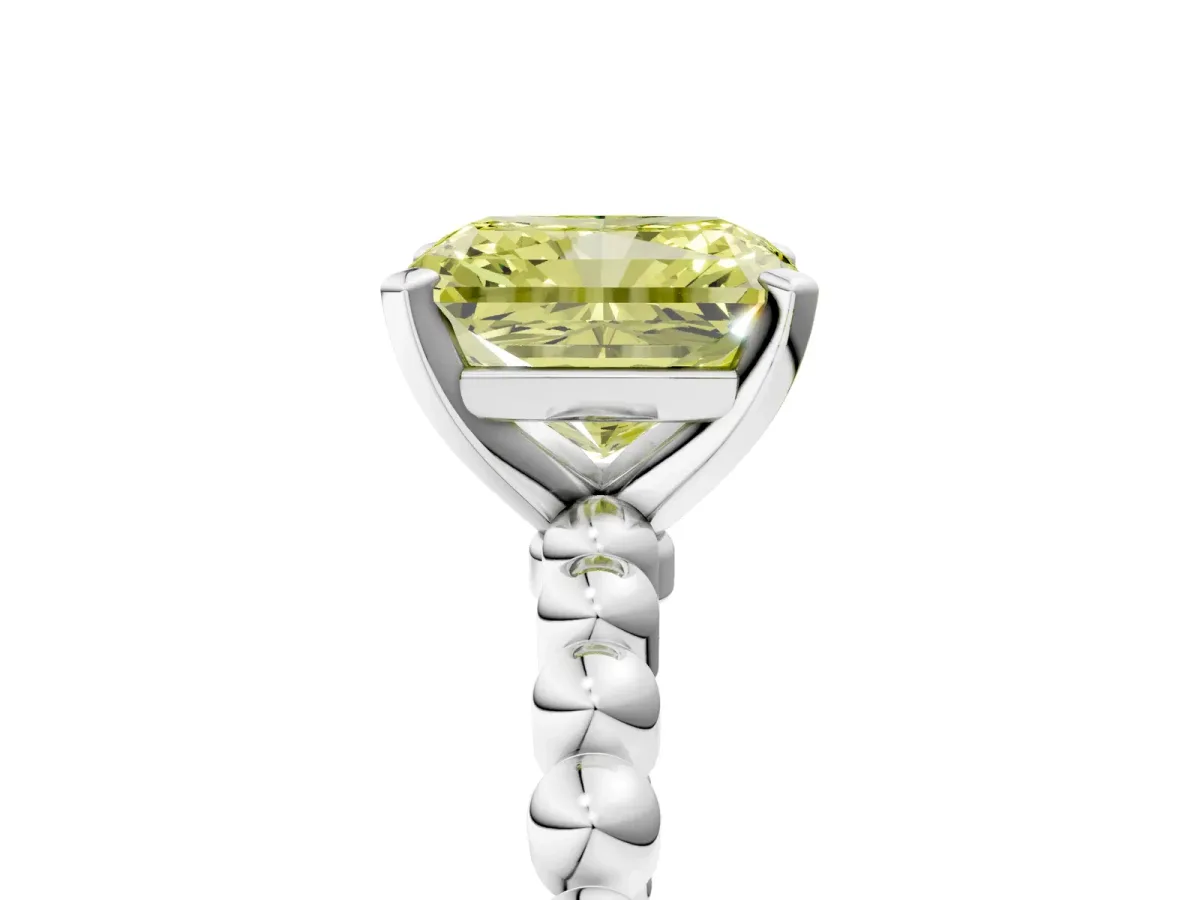 Fancy Yellow Radiant Cut Diamond Solitaire Ring with Beaded Band and Prong Setting Silver