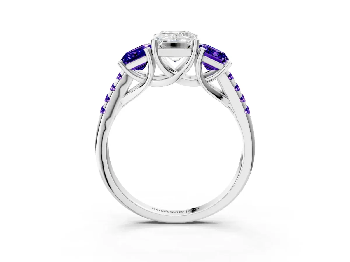 Three-Stone Emerald Cut Diamond Ring with Round Tanzanite Pavé Band and Prong Setting Silver