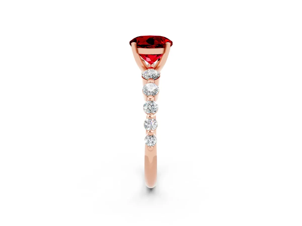 Round Cut Solitaire Ruby Ring with Pave Band and Four-Prong Setting Rose gold