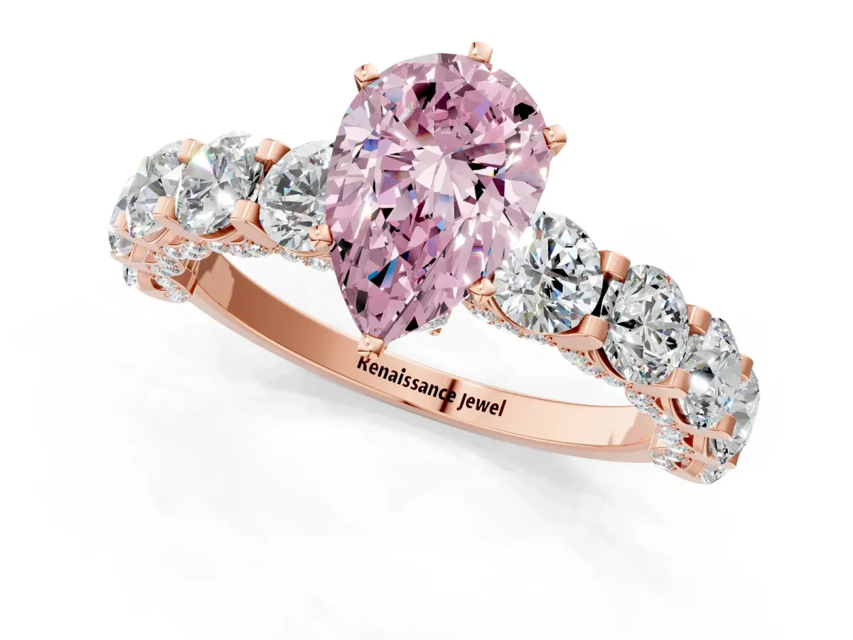 Fancy Pink Pear Cut Diamond Side Stone Engagement Ring with Four-Prong Setting Rose gold