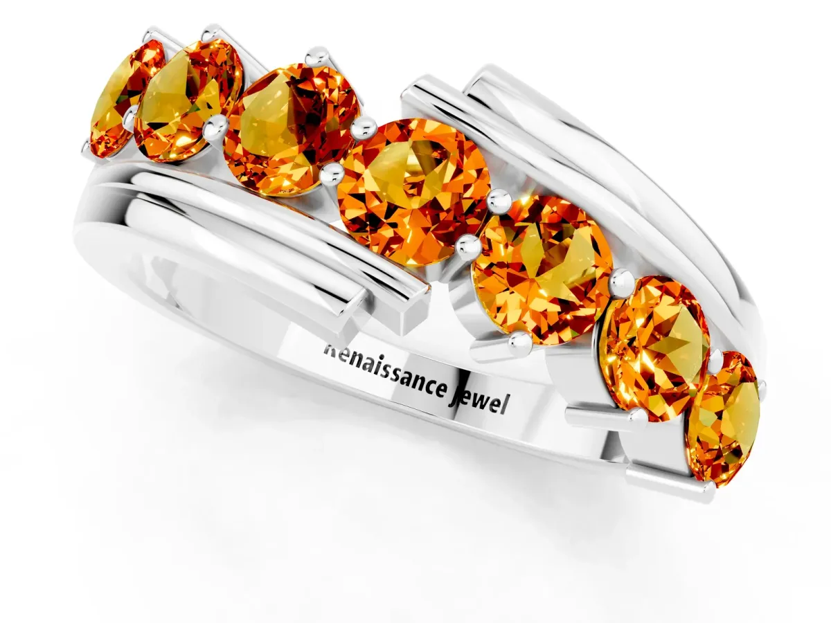 Round Citrine Wave Band with Channel and Shared Prong Setting Platinum