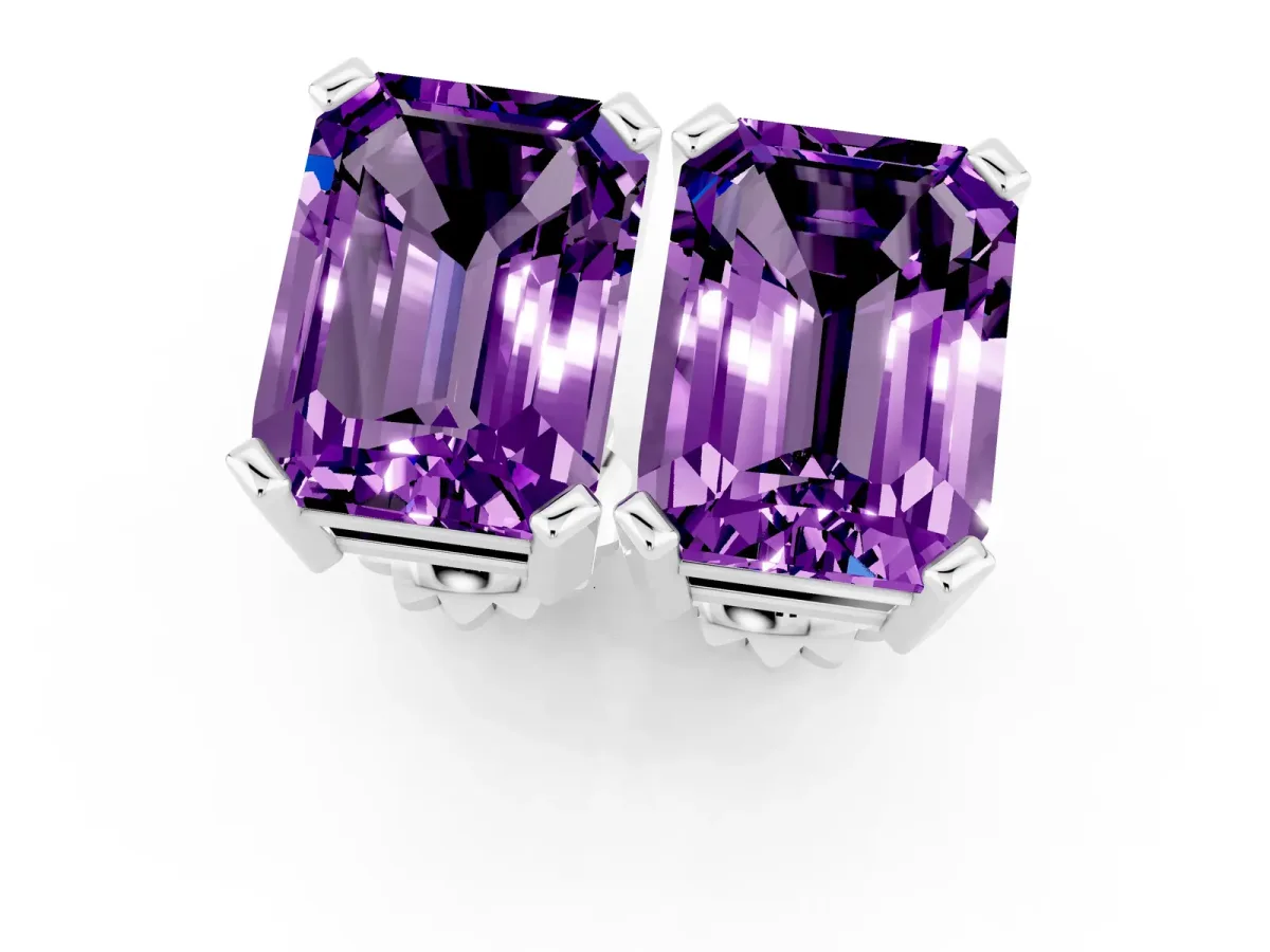 Emerald Cut Amethyst Stud Earrings Silver