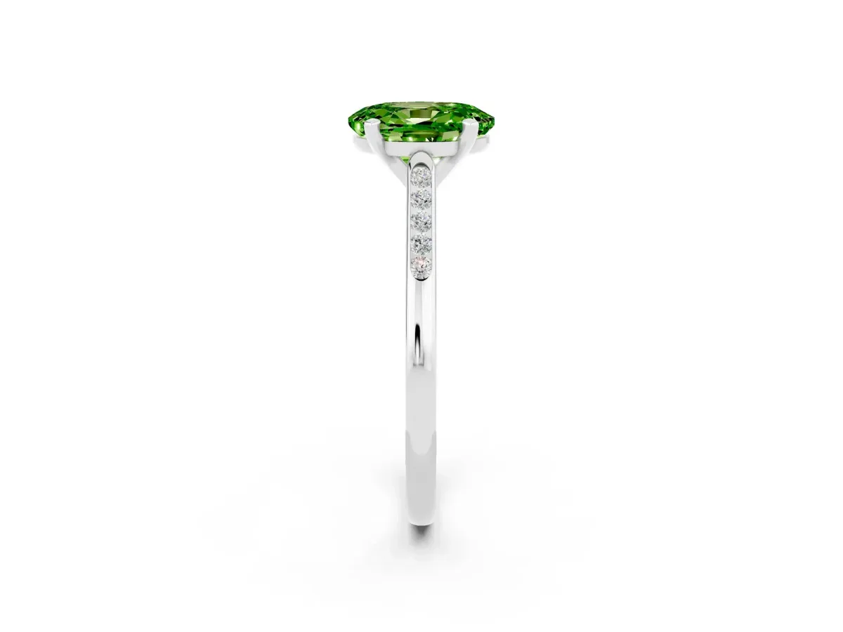 Oval Cut Peridot Solitaire Ring with Channel Set Round Band and Prong Setting Silver