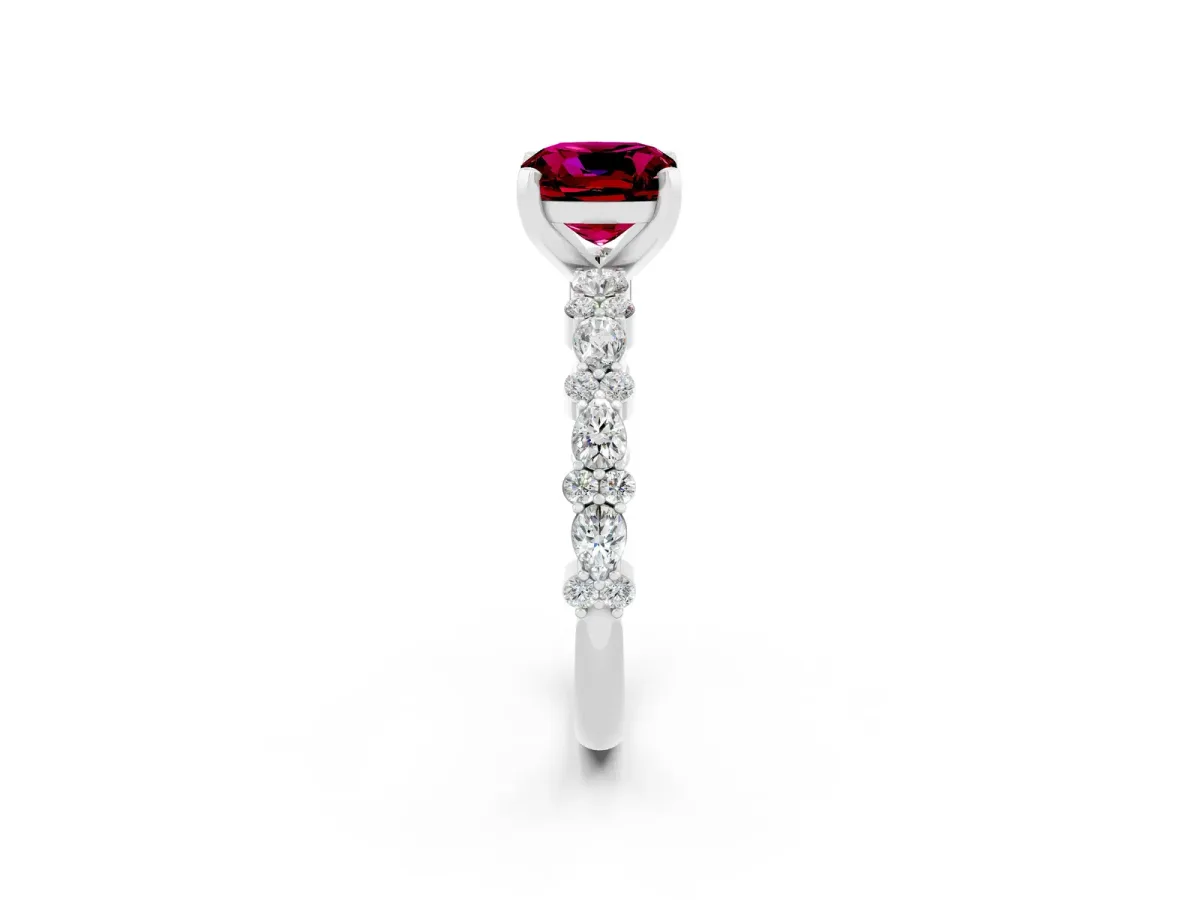 Cushion Cut Garnet Side Stone Solitaire Ring with Round and Four-Prong Setting Platinum