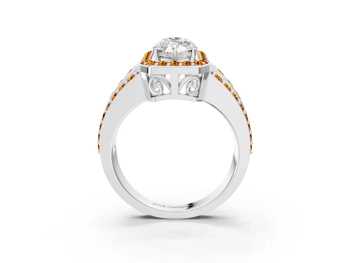 Marquise Cut Halo Diamond Ring with Round Citrine Split Shank and Prong Setting Silver