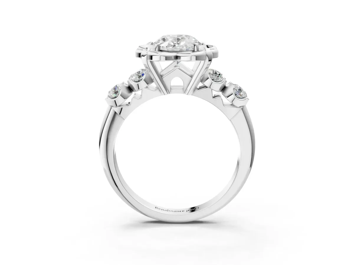 Oval Cut Cut Diamond Floral Halo Engagement Ring with Shared Prong Setting Silver
