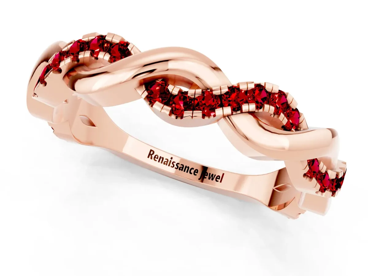 Pavé Round Ruby Twist Eternity Band with Shared Prong Setting Rose gold