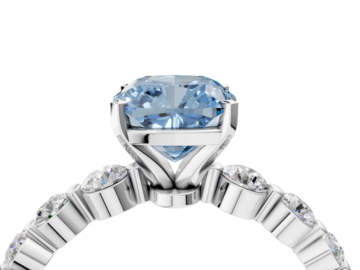 Fancy Blue Cushion Cut Solitaire Diamond Ring with Pave Band and Four-Prong Setting Silver