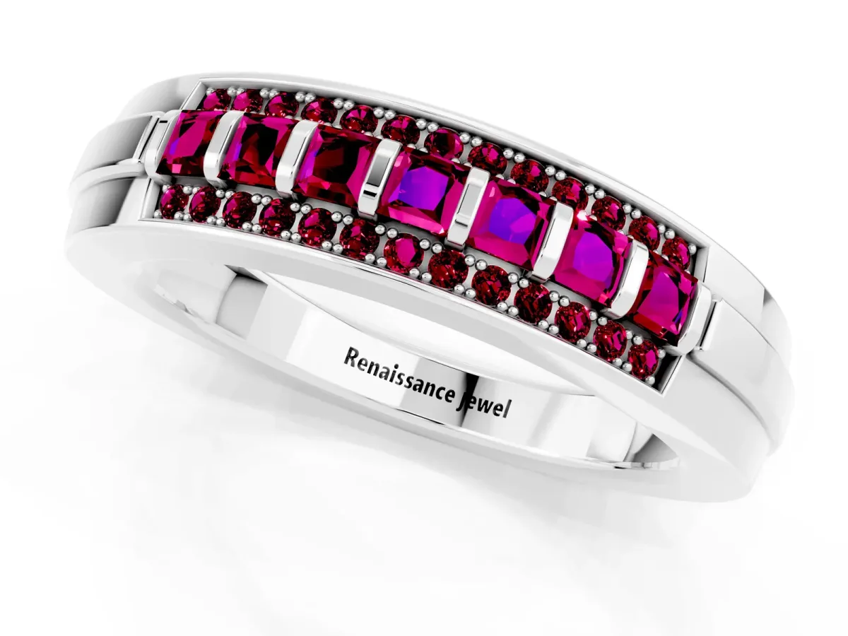 Bar-Set Princess Cut Garnet Pavé Band Silver