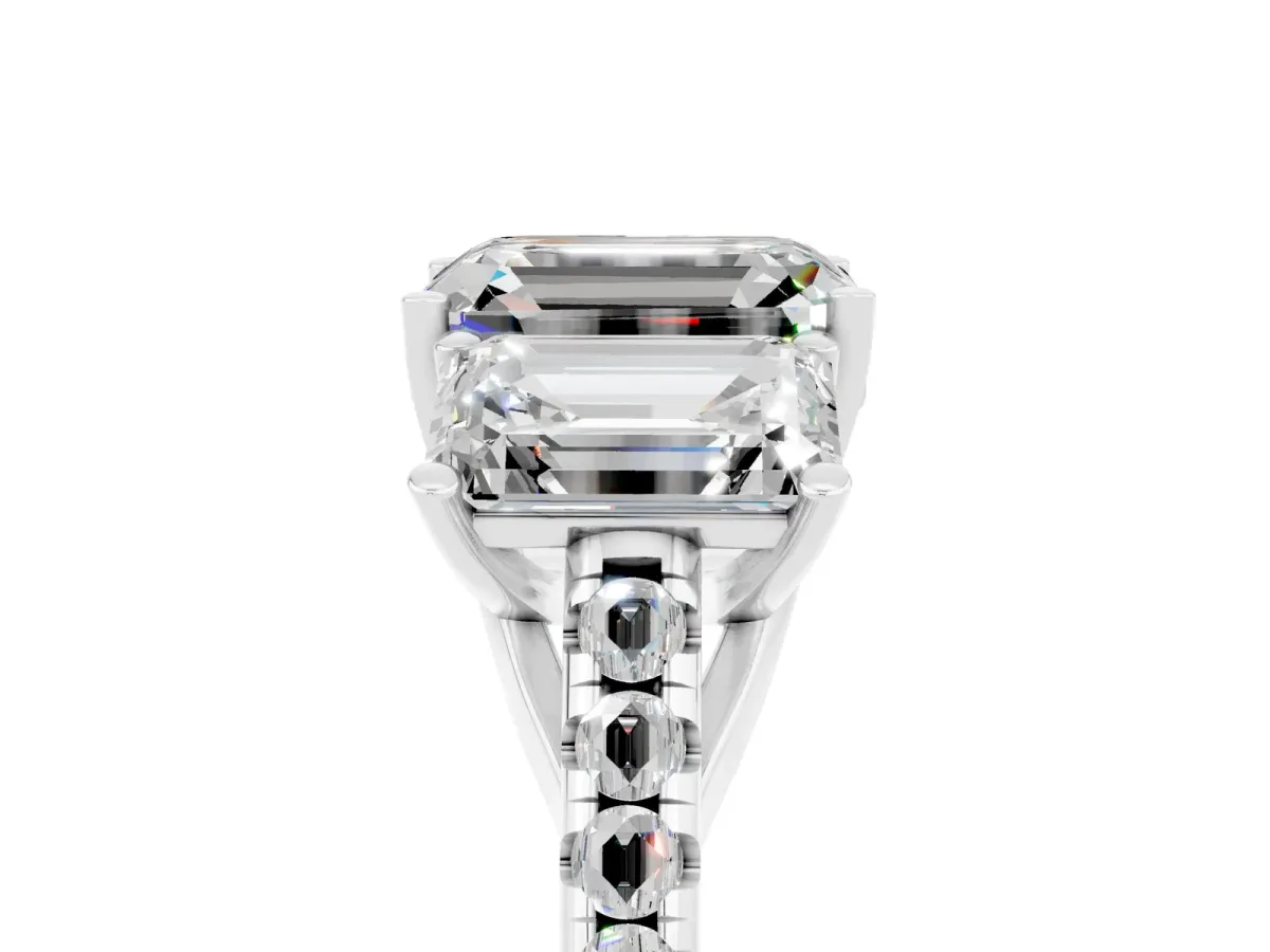 Three-Stone Emerald Cut Moissanite Ring with Round Pavé Band and Prong Setting Silver
