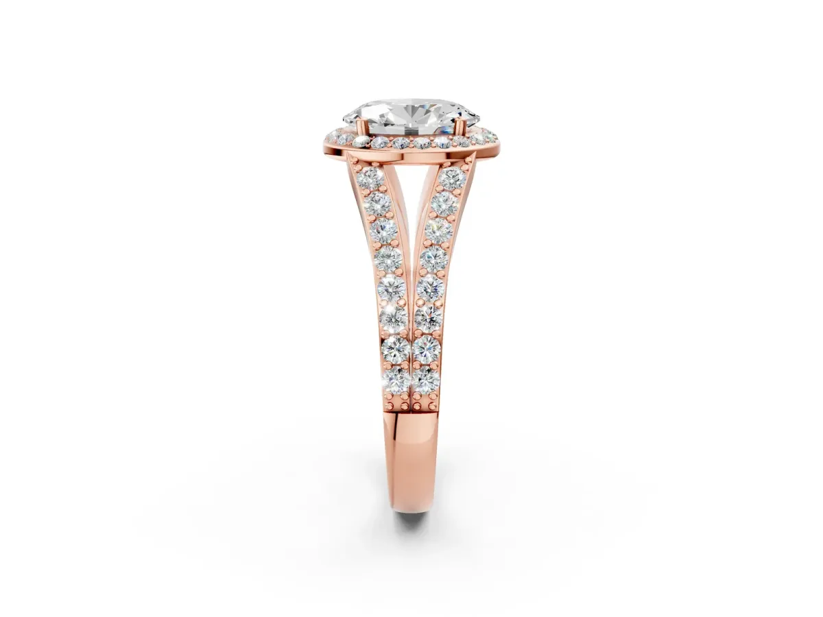 Oval Cut Diamond Split Shank Halo Ring with Four-Prong Setting Rose gold